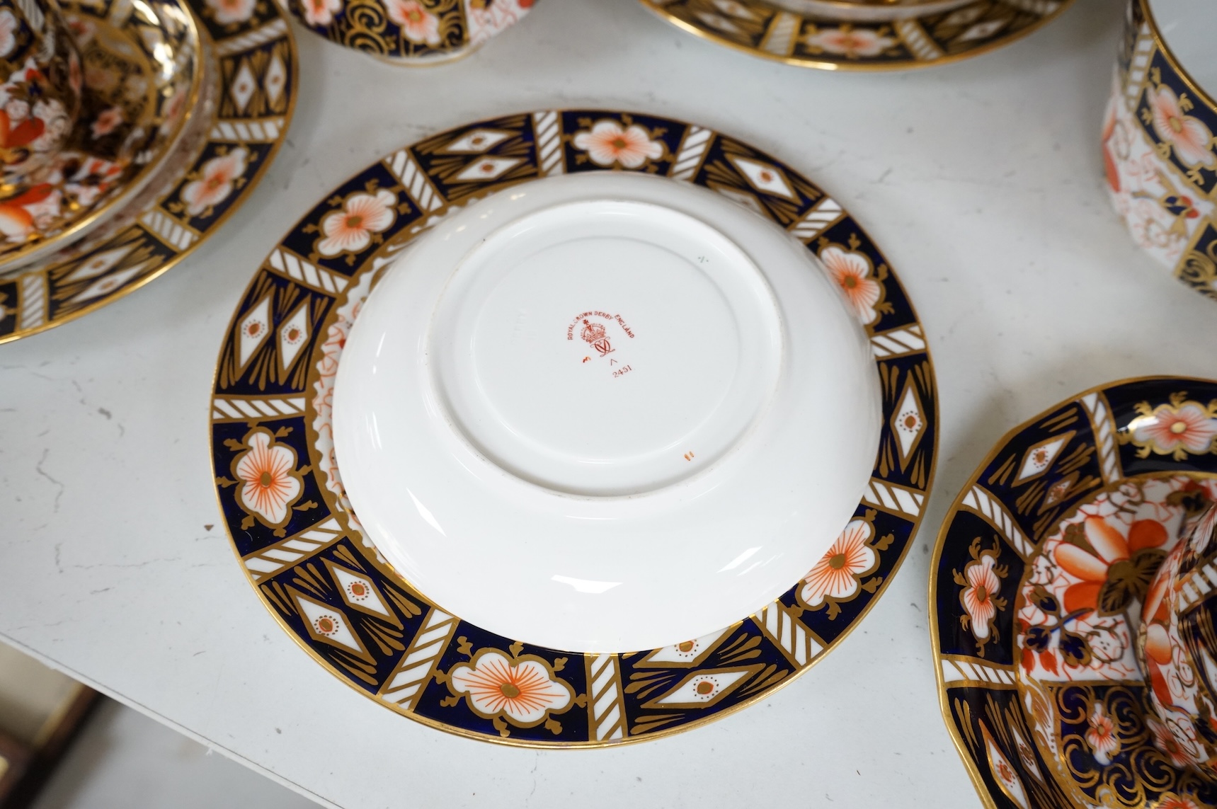 A Royal Crown Derby Imari pattern part tea service to include trios, bowl and jug
